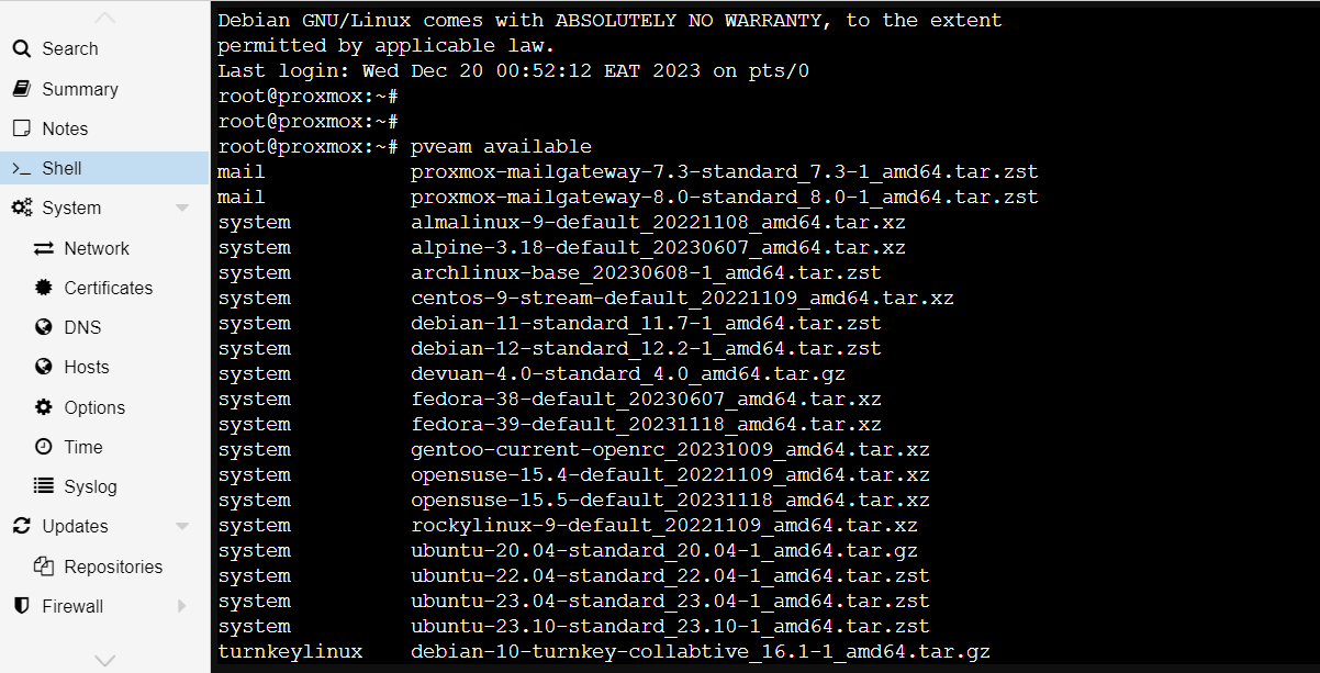 列出Proxmox容器镜像